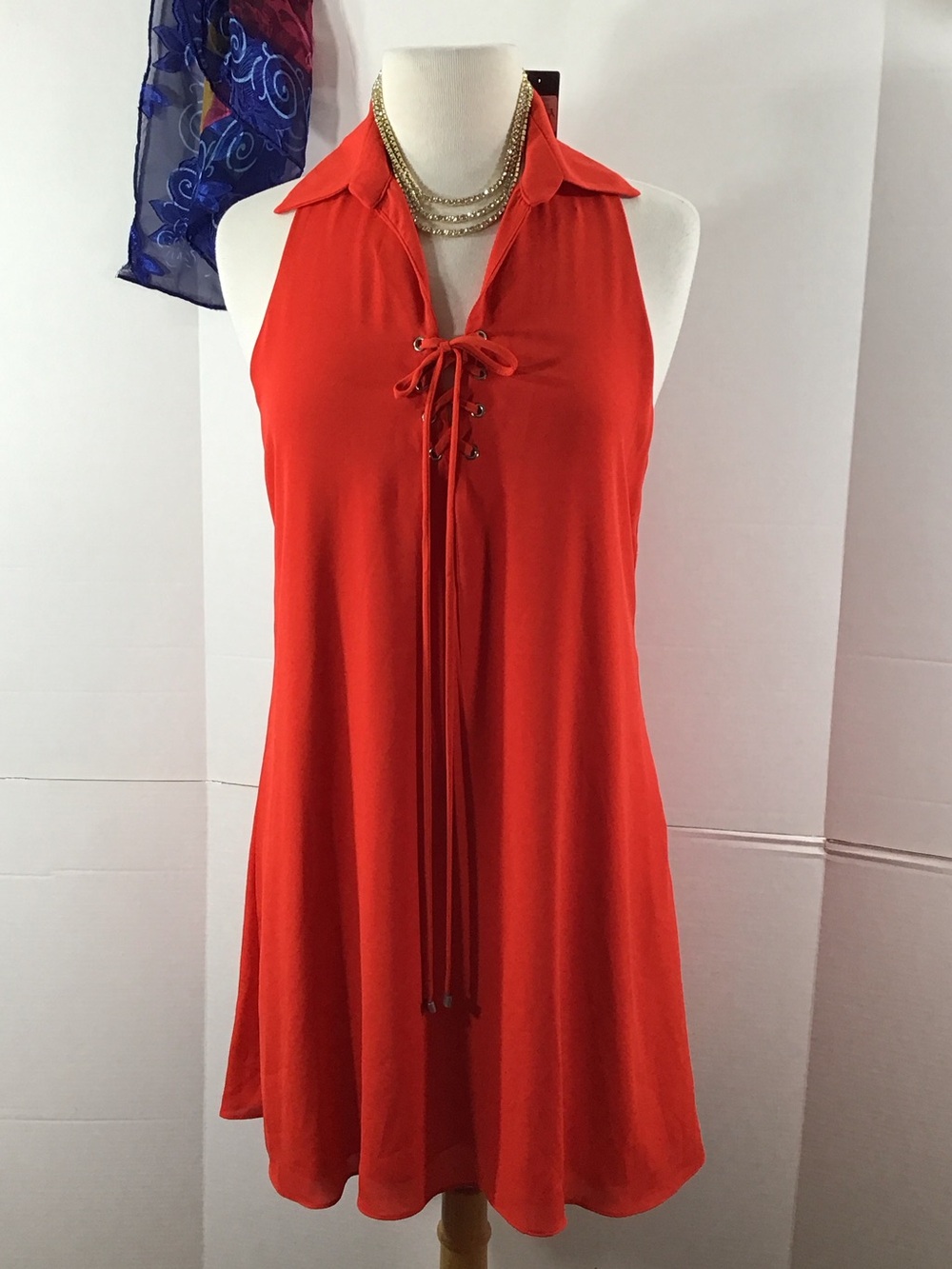 Atina Cristina cherry tomatoe Red Lace-Up swing shift Dress S NWT